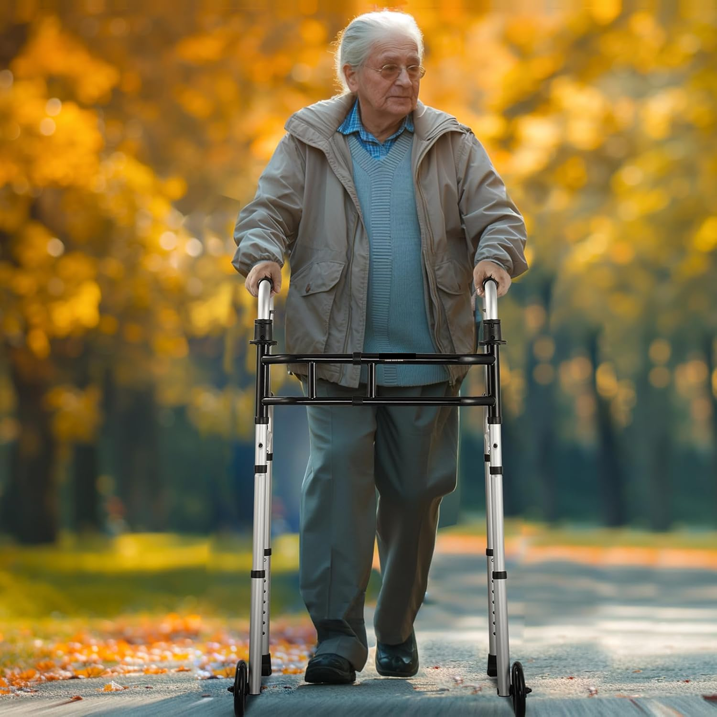 Folding Walker on Wheels, 3-in-1 Stand-Assist Folding Walkers with Adjustable Height and Width