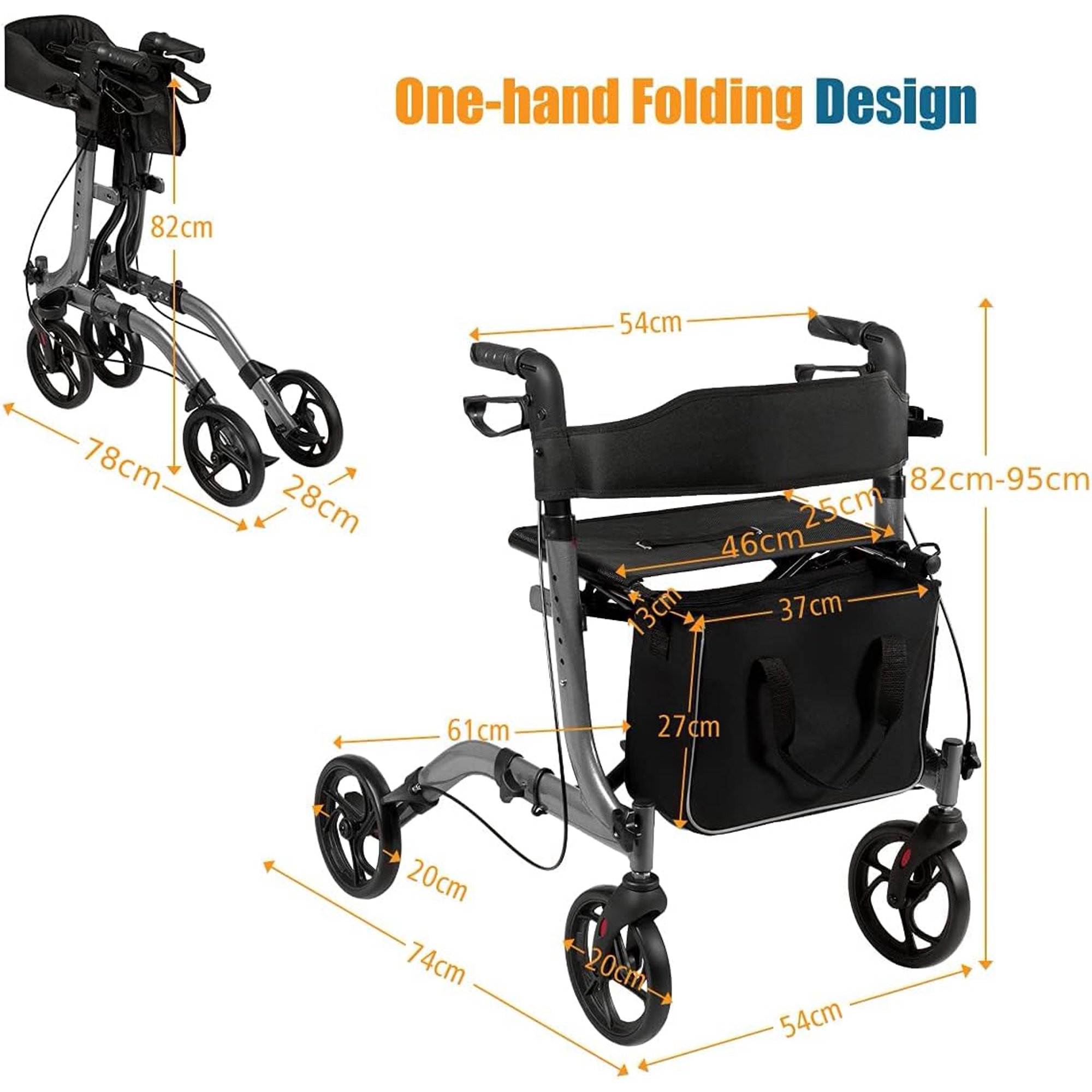 Lightweight Folding Rollator, Aluminium 4 Wheeled Walker with Wide Seat, Height Adjustable Handle and Detachable Storage Bag, Mobility Walking Aid for Elderly Disabled (Gray)