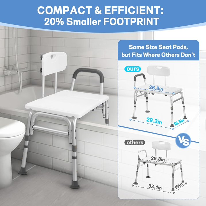 Tub Transfer Bench for Bathtub, 500lb Compact Shower Chair with Backrest & Padded Armrest, Height Adjustable Shower Bench with Suction Cups, Shower Seat for Elderly and Disabled