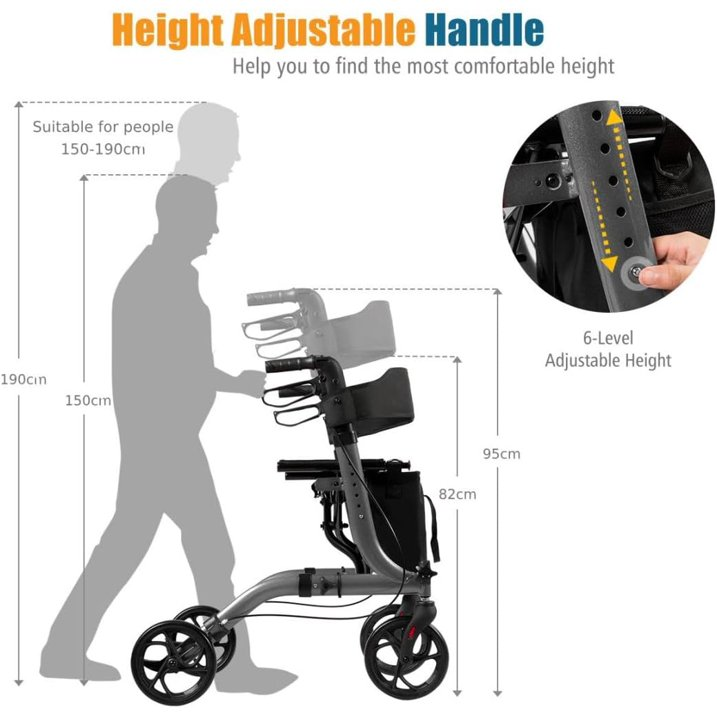 Lightweight Folding Rollator, Aluminium 4 Wheeled Walker with Wide Seat, Height Adjustable Handle and Detachable Storage Bag, Mobility Walking Aid for Elderly Disabled (Gray)