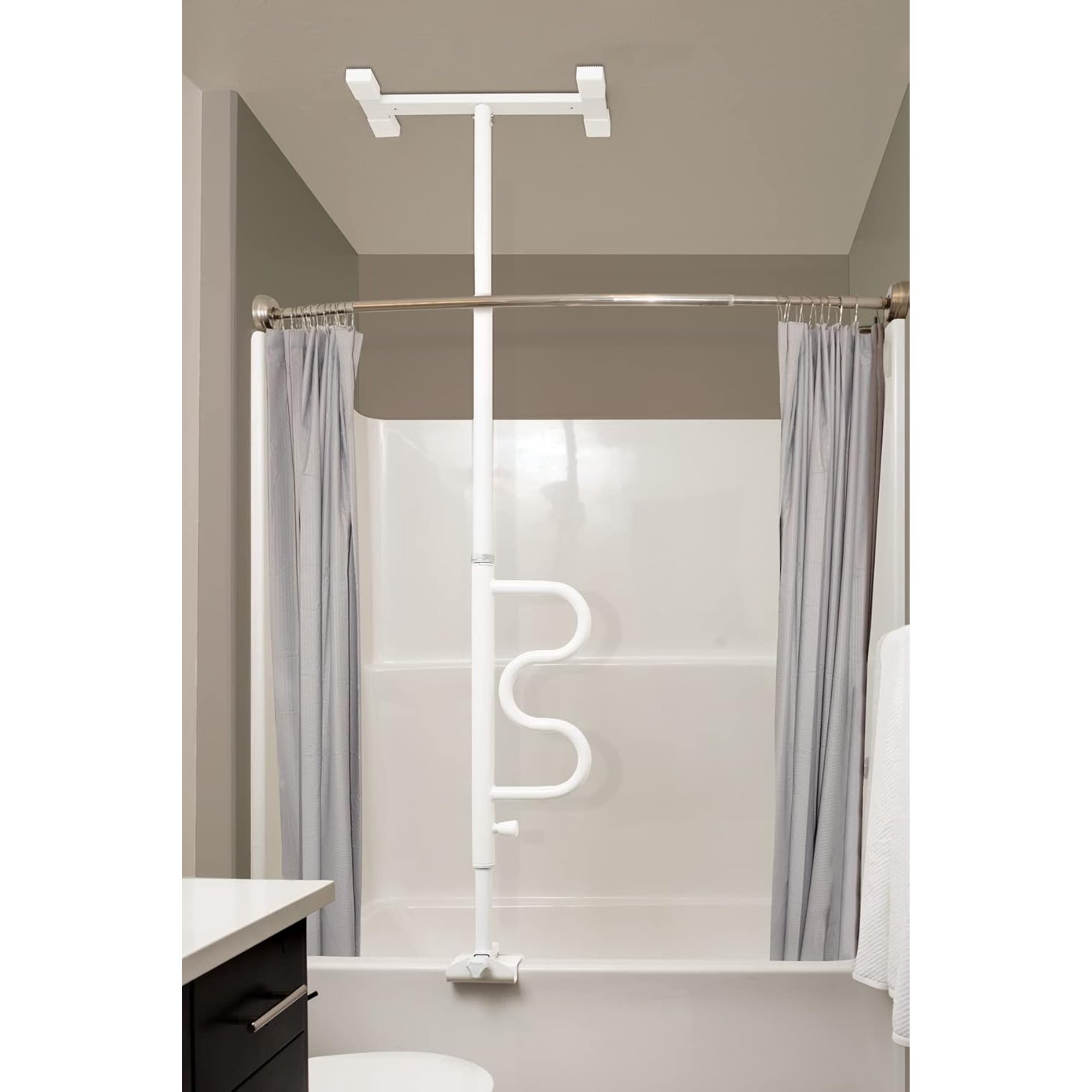 Bathtub Pole, Security-Pole and Curve Grab Bar, Adjustable Shower Handle for Bathtubs, Clamp on Bathroom Safety Rail for Seniors, Elderly Adults, No Drill Installation, White