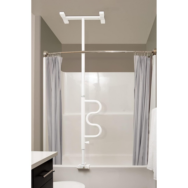 Bathtub Pole, Security-Pole and Curve Grab Bar, Adjustable Shower Handle for Bathtubs, Clamp on Bathroom Safety Rail for Seniors, Elderly Adults, No Drill Installation, White