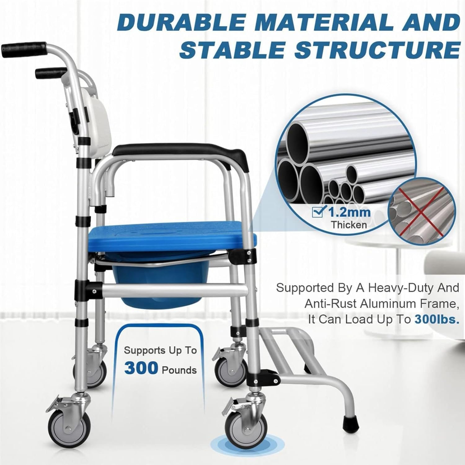Portable Commode Chair with Wheels for Elderly and Pregnant Women, Senior Care Shower Seat