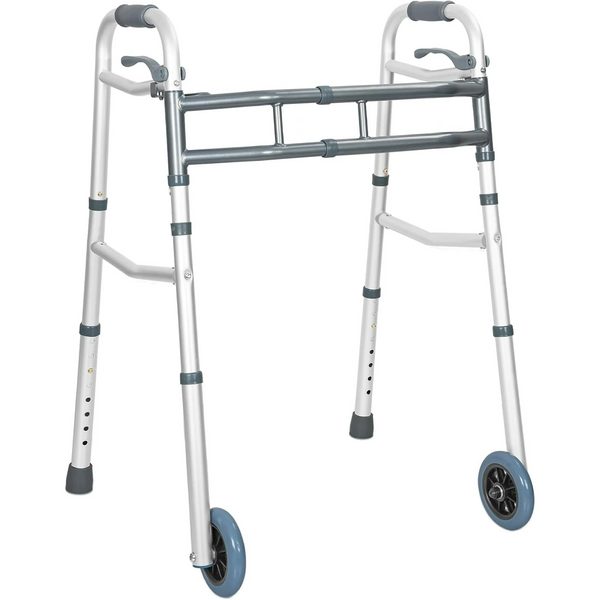 Folding Walking Frame with 2 Wheels, Adjustable Height Aluminium Walker Mobility Aid Stability Walker