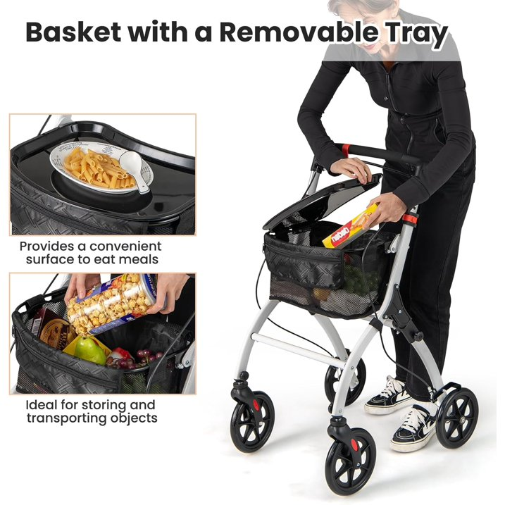 4 Wheel Folding Rollator Walker, Lightweight Wheeled Walking Aid with Removable Tray, 4 Wheels, Brakes, Height Adjustable Mobility Walker for Elderly Disabled