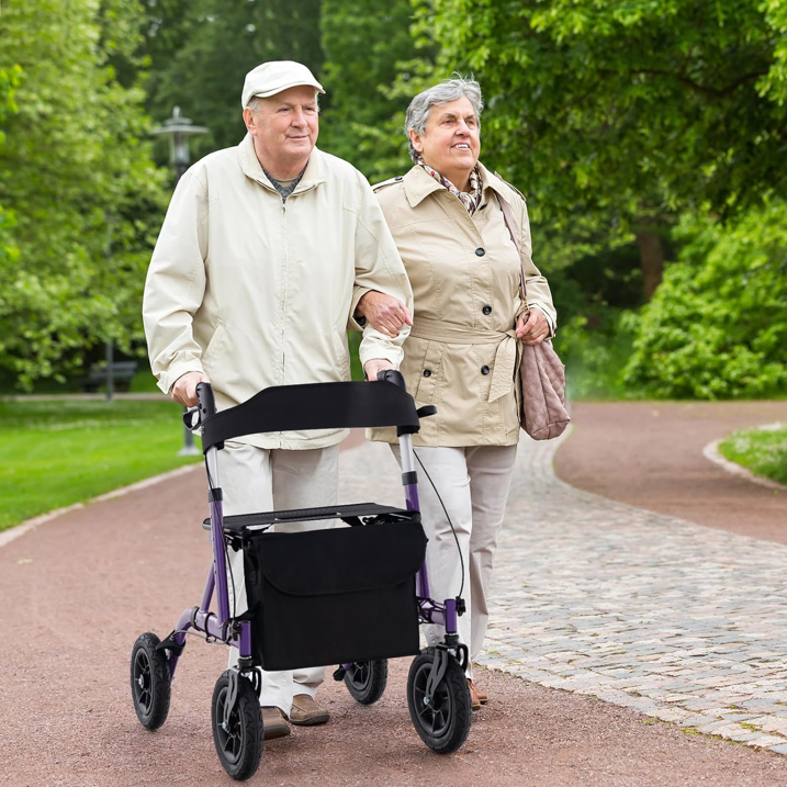 Foldable Rollator, Height Adjustable Rolling Walker with Seat, 24CM All Terrain Wheel, Storage Bag, Lightweight Walking Aid Frame for for Elderly & Disabled, 160 KG Weight Capacity (Purple)