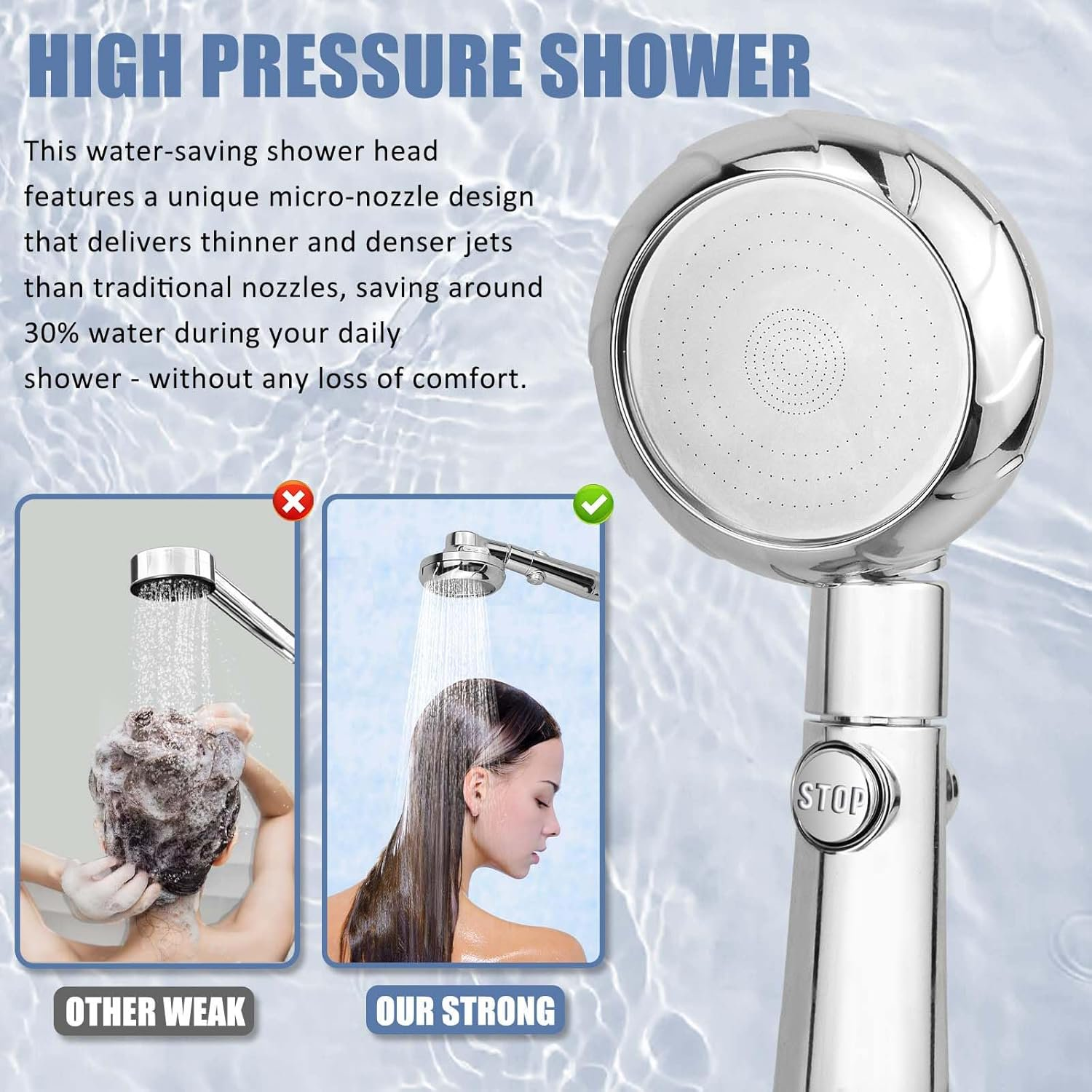 Shower Head, High Pressure Shower Head and Hose 2m Set, Portable Adjustable Water Saving Shower Heads Universal Replacements