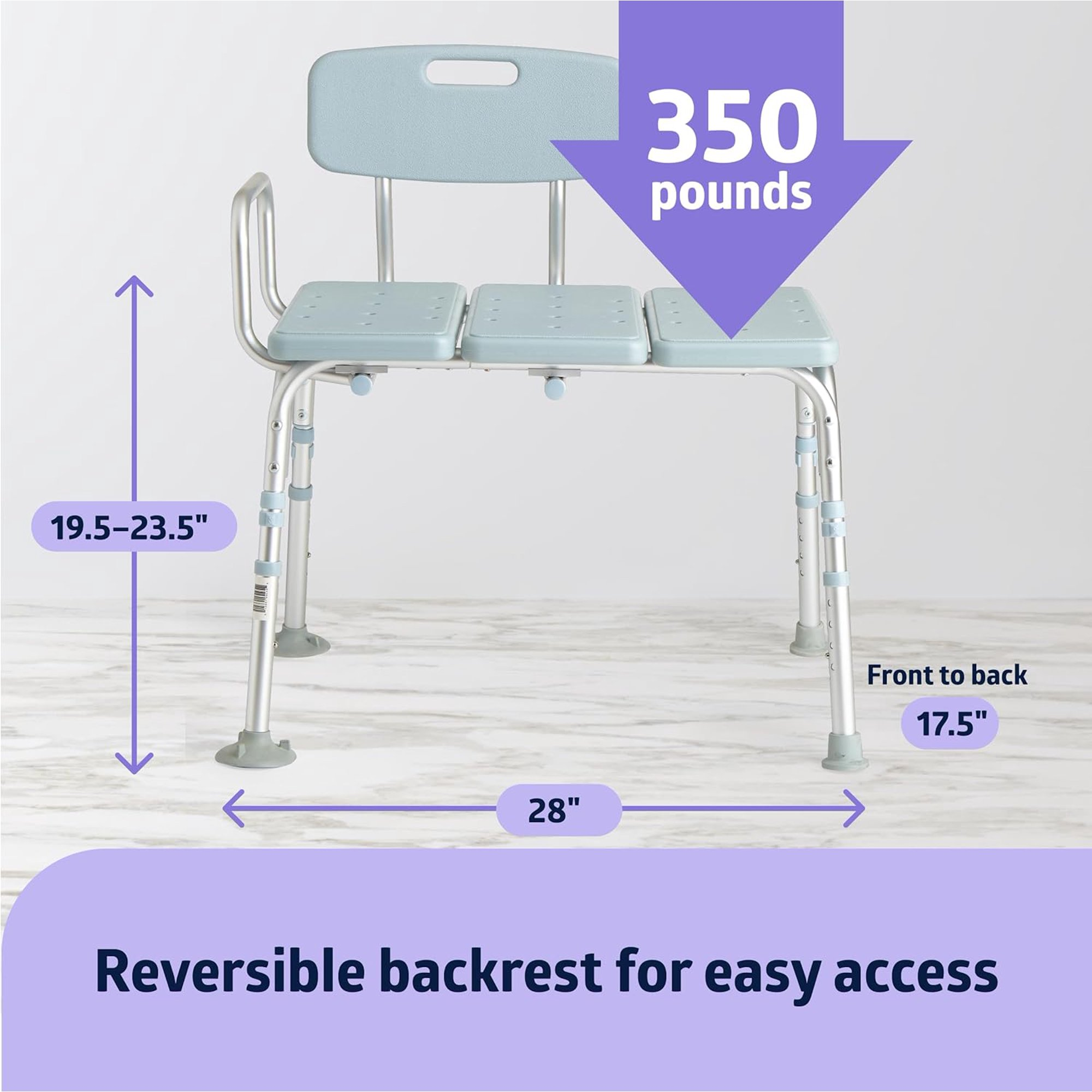 Transfer Bench and Shower Chair Adjustable Shower Bench and Bath Seat For Seniors And Elderly, 350 lb. Weight Capacity, Light Blue
