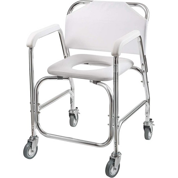 Rolling Shower Chair, Commode, Transport Chair, Rolling Bathroom Wheelchair for Handicap, Elderly, Injured or Disabled, Rear Locking Wheels, 250 lb. Weight Capacity, White
