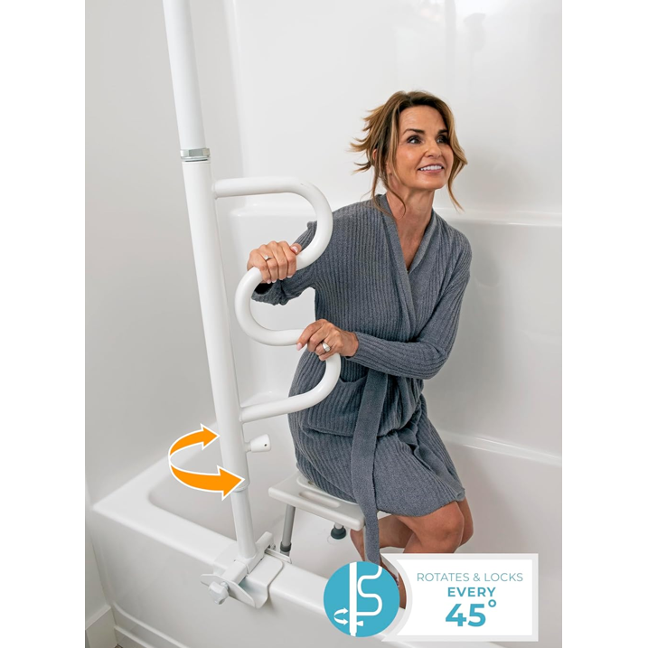 Bathtub Pole, Security-Pole and Curve Grab Bar, Adjustable Shower Handle for Bathtubs, Clamp on Bathroom Safety Rail for Seniors, Elderly Adults, No Drill Installation, White