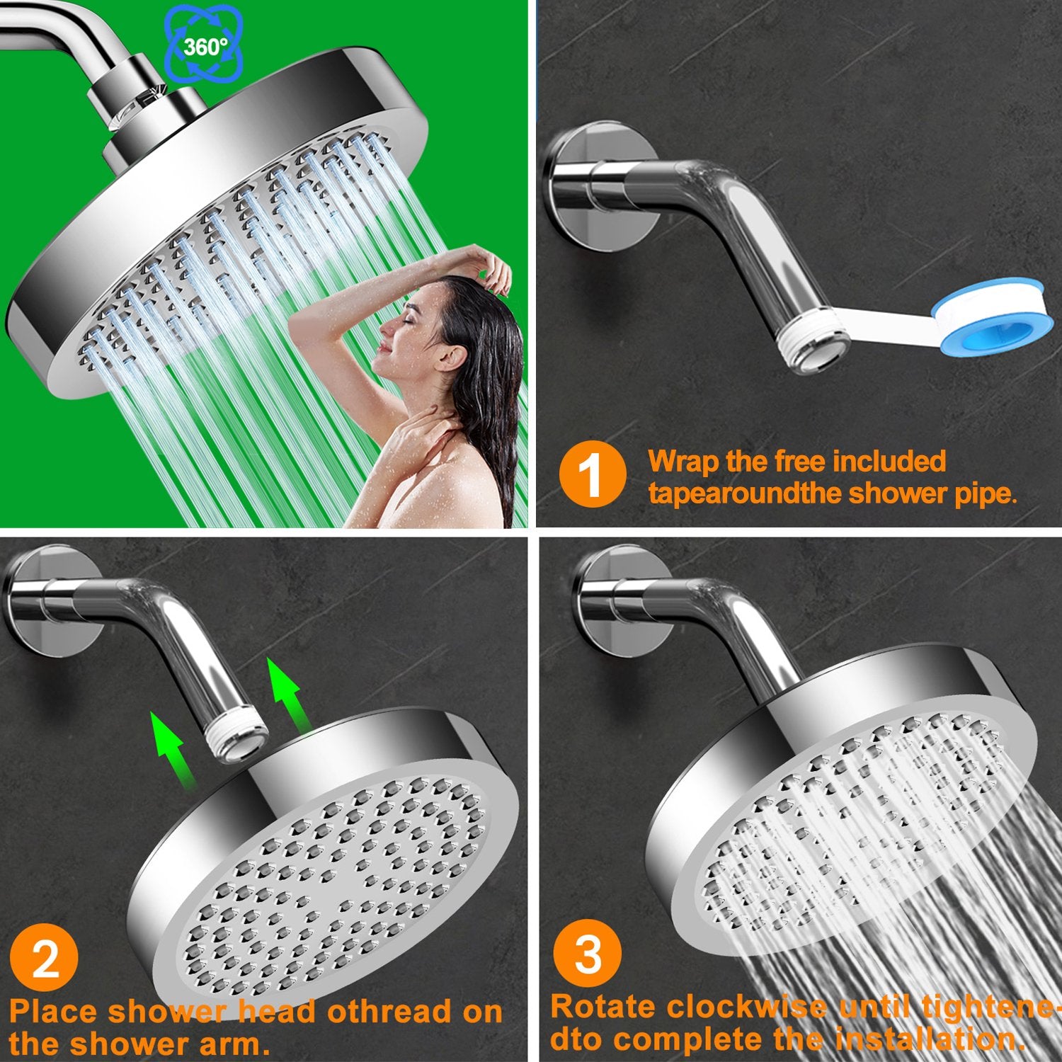 NIUTA Shower Head, 6" Adjustable High Pressure Rain Showerhead with Durable Nozzles Chrome