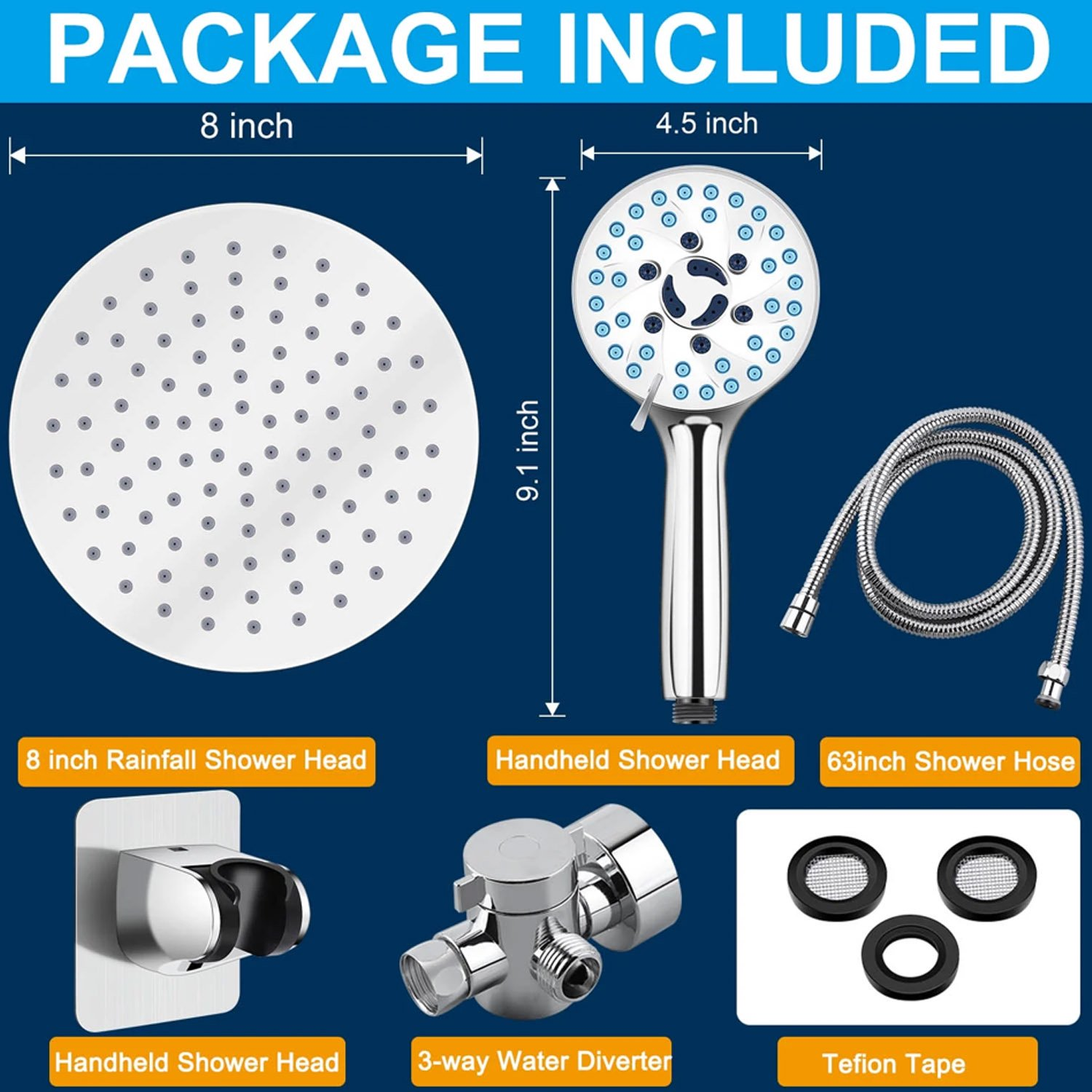 Shower Head, 8" High Pressure Rain Showerhead Combo, Adjustable Stainless Steel Polished Chrome Rain Shower Head with Durable Nozzles