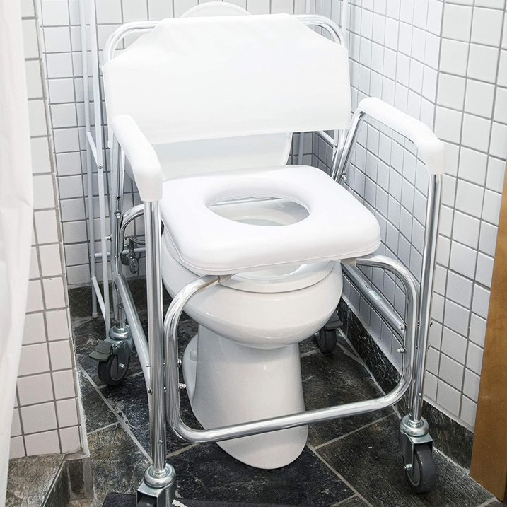 Rolling Shower Chair, Commode, Transport Chair, Rolling Bathroom Wheelchair for Handicap, Elderly, Injured or Disabled, Rear Locking Wheels, 250 lb. Weight Capacity, White