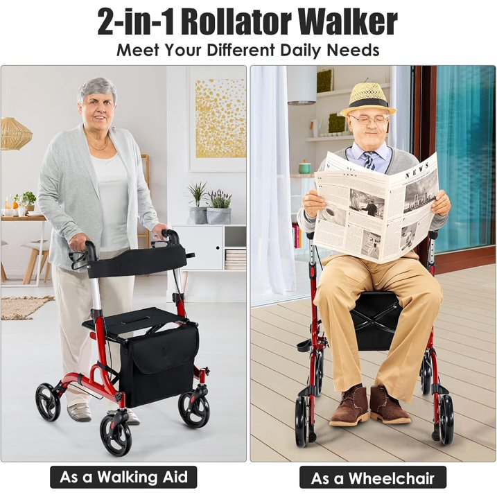 Rollator Walkers, 4 Wheels Folding Medical Walking Aid with Seats, Adjustable Handle and Storage Bag, Lightweight Walking Frame for The Elderly & Disabled (Red)
