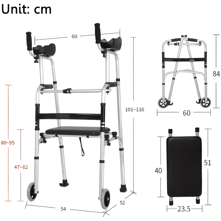 Walking Frame Elderly Walking Aid Lightweight Folding Standard Walkers Wheeled with Padded Seat Arm Support Type Walker Yearn