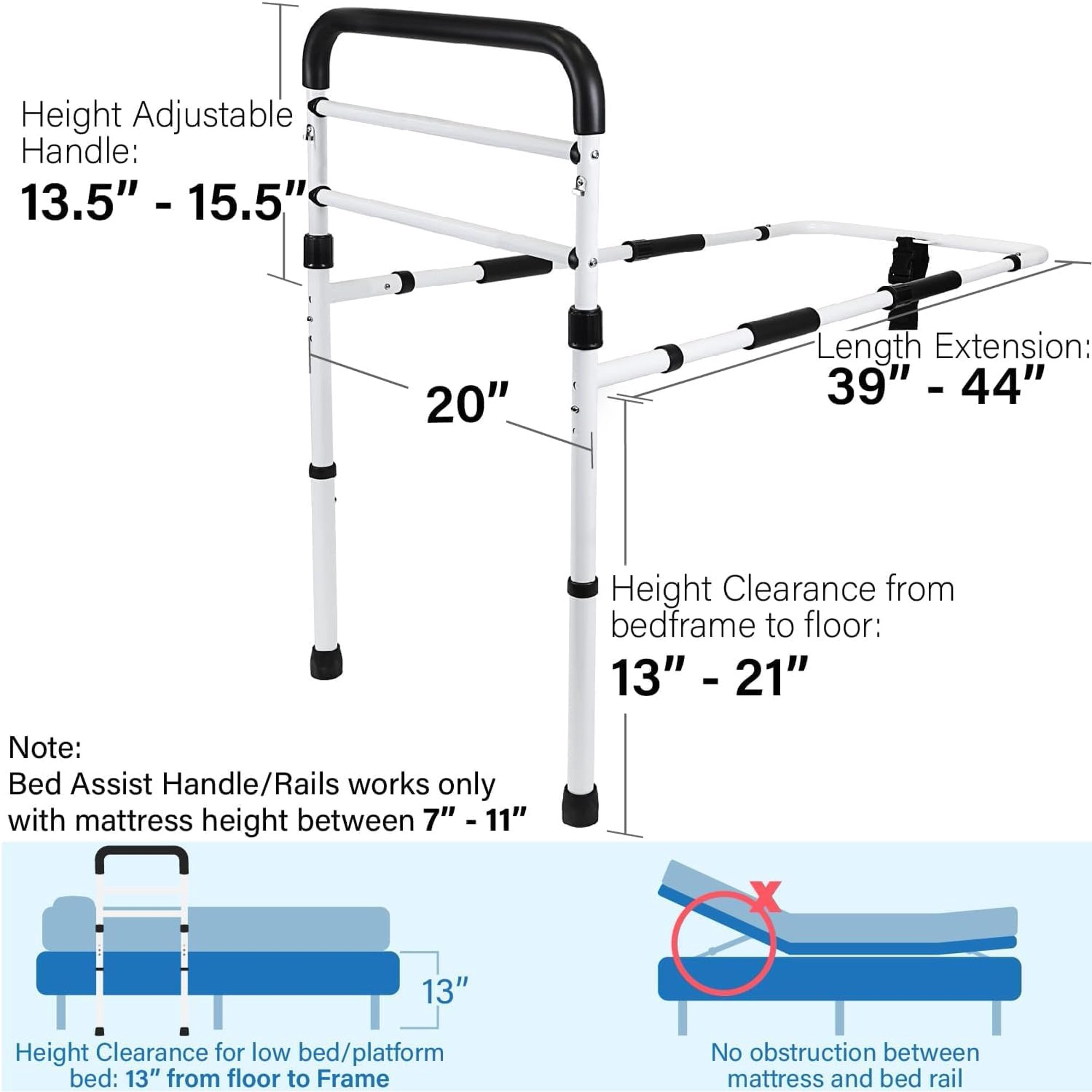 New Adjustable Bed Assist Rail Handle and Hand Guard Grab Bar, Bedside Safety and Stability (Tool-Free Assembly), White/Black