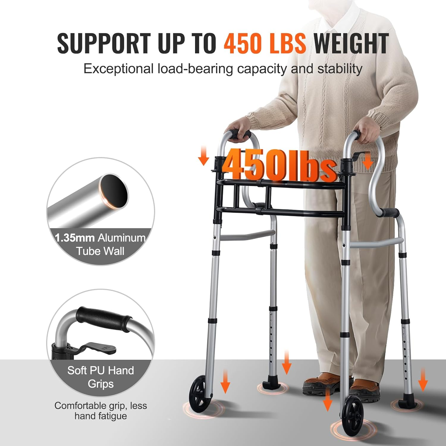 Folding Walker on Wheels, 3-in-1 Stand-Assist Folding Walkers with Adjustable Height and Width