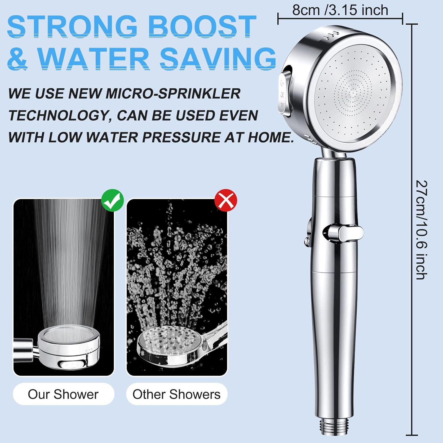 Shower Head Set, 3 Modes Handheld Filter Shower Heads with Stainless Steel Hose 2M Powerful Shower Heads Less Water Up to 40%, Bathroom Accessory for Low Water Pressure
