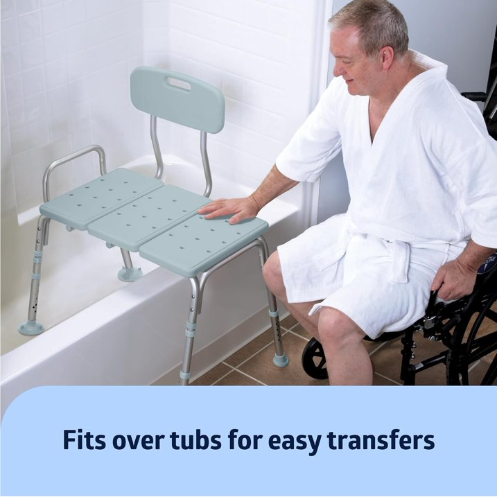 Transfer Bench and Shower Chair Adjustable Shower Bench and Bath Seat For Seniors And Elderly, 350 lb. Weight Capacity, Light Blue