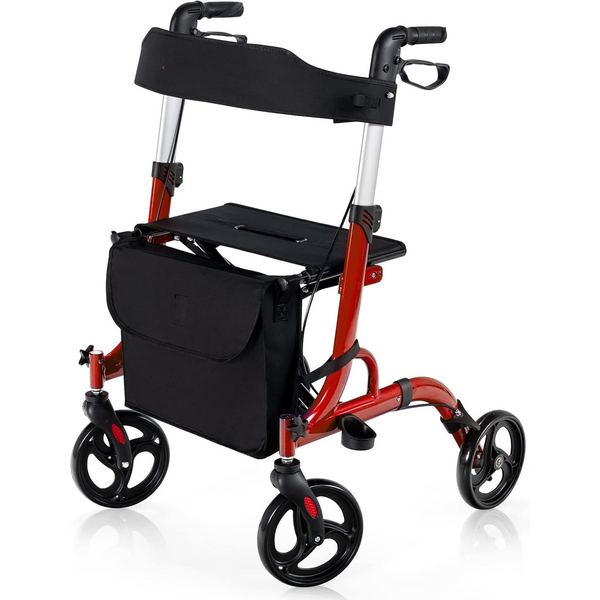 Rollator Walkers, 4 Wheels Folding Medical Walking Aid with Seats, Adjustable Handle and Storage Bag, Lightweight Walking Frame for The Elderly & Disabled (Red)