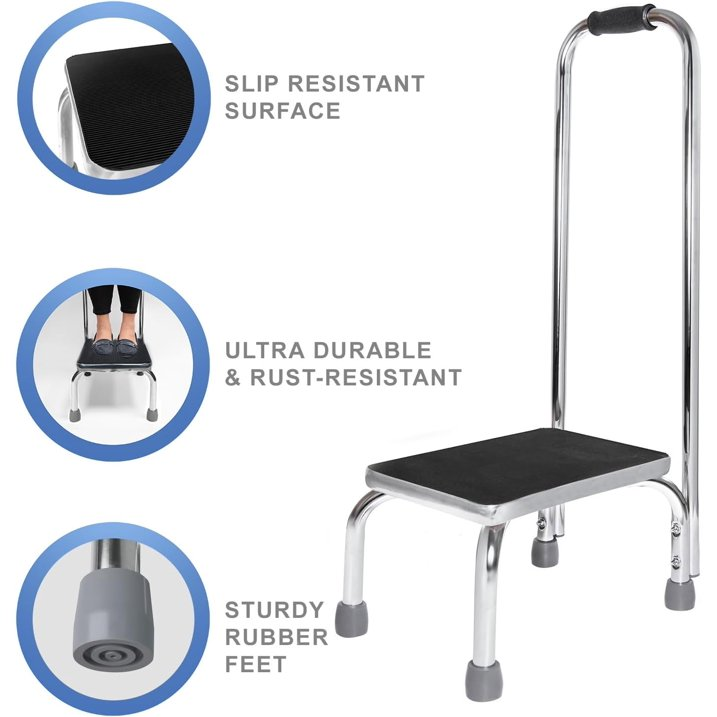 Foot Step Stool with Handle and Anti Skid Rubber Platform, Lightweight and Sturdy Stool for Children, Adults and Seniors, Chrome