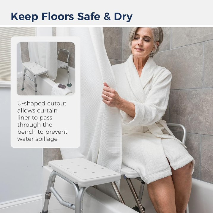 Splash Defense Tub Transfer Bench for Bathtub with Curtain Guard Protection, White