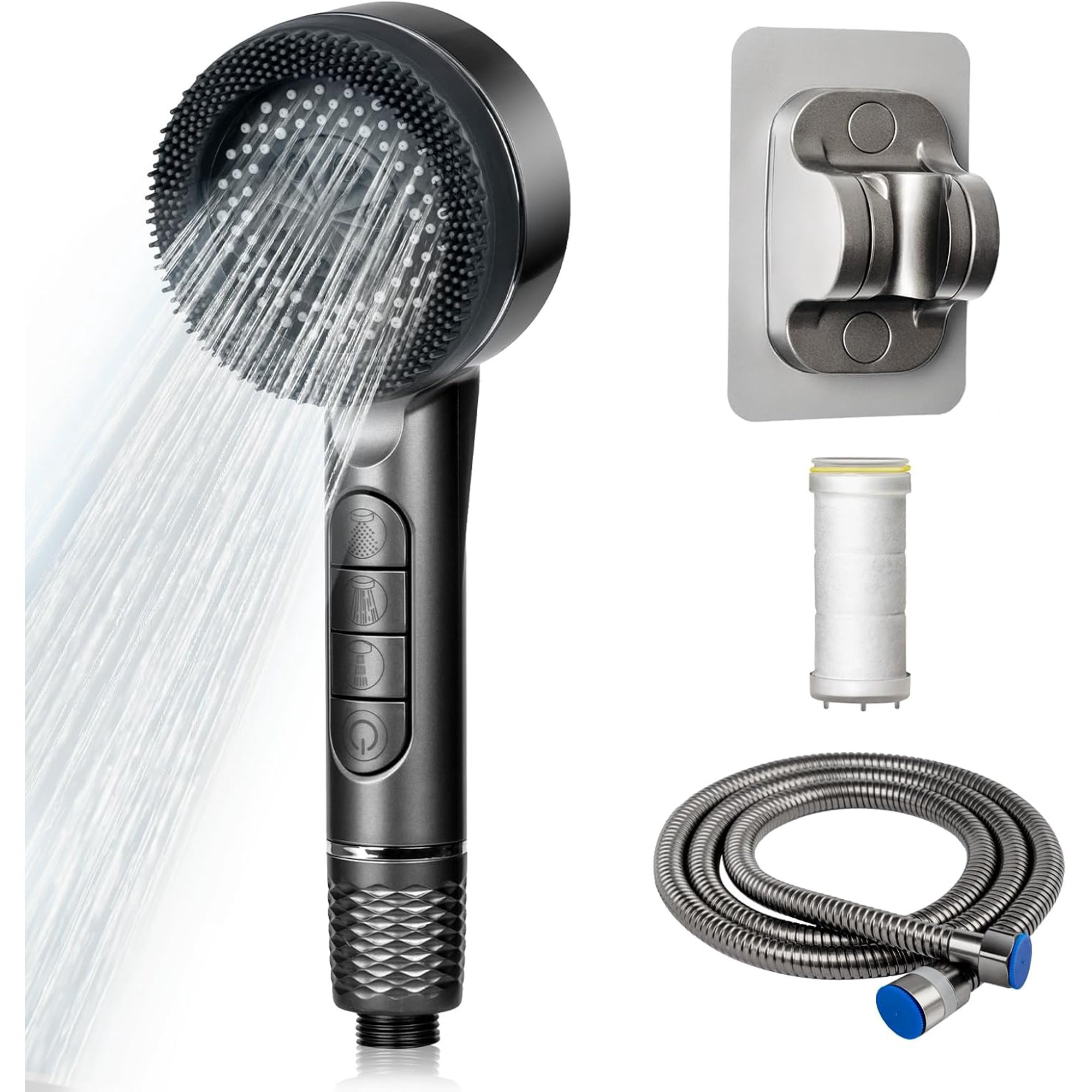 Handheld Shower Head with Filter, High Pressure 4 Spray Mode Showerhead with 59" Hose,Showerhead with ON/Off Switch for Clean Tub, Tile & Pets (Grey)