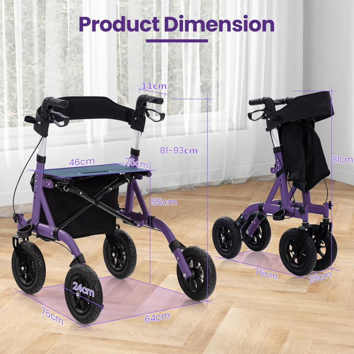 Foldable Rollator, Height Adjustable Rolling Walker with Seat, 24CM All Terrain Wheel, Storage Bag, Lightweight Walking Aid Frame for for Elderly & Disabled, 160 KG Weight Capacity (Purple)