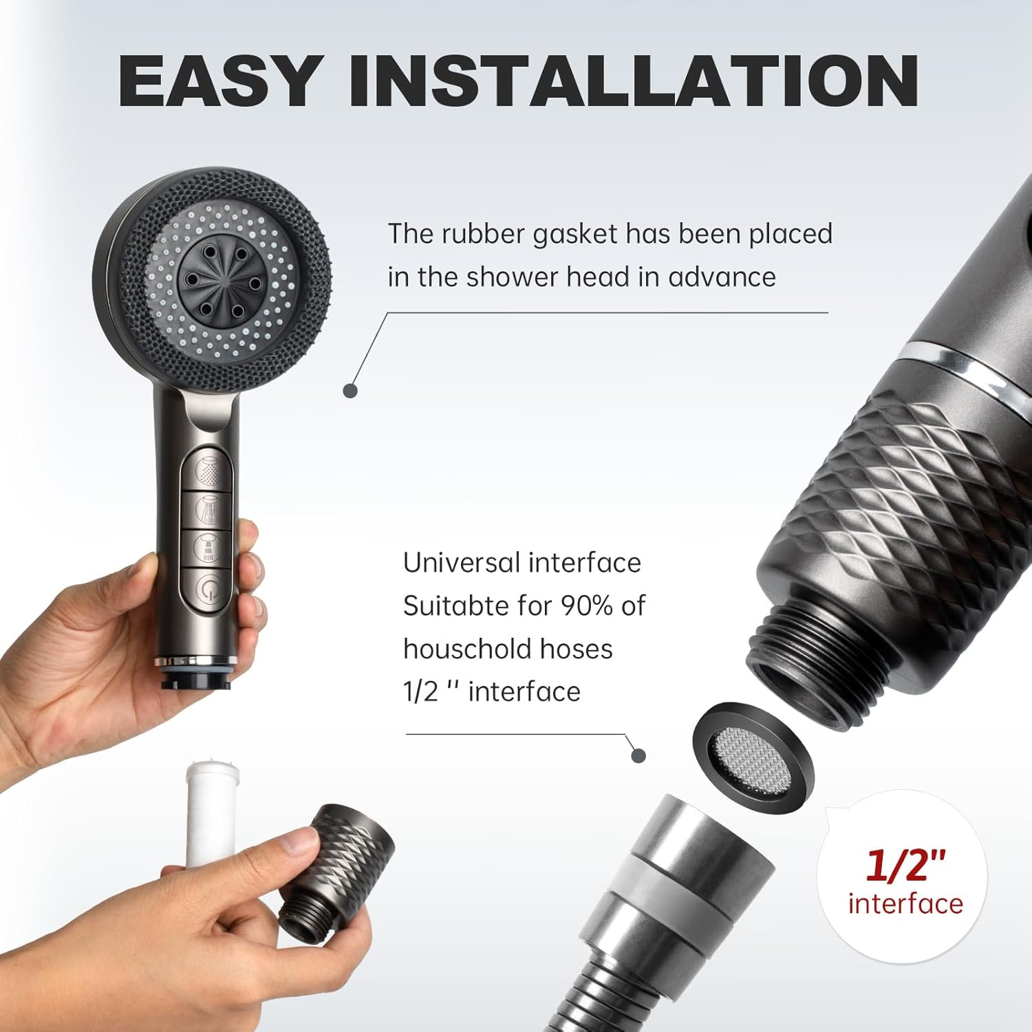 Handheld Shower Head with Filter, High Pressure 4 Spray Mode Showerhead with 59" Hose,Showerhead with ON/Off Switch for Clean Tub, Tile & Pets (Grey)