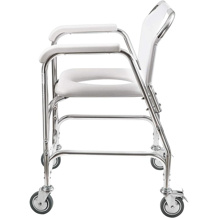 Rolling Shower Chair, Commode, Transport Chair, Rolling Bathroom Wheelchair for Handicap, Elderly, Injured or Disabled, Rear Locking Wheels, 250 lb. Weight Capacity, White