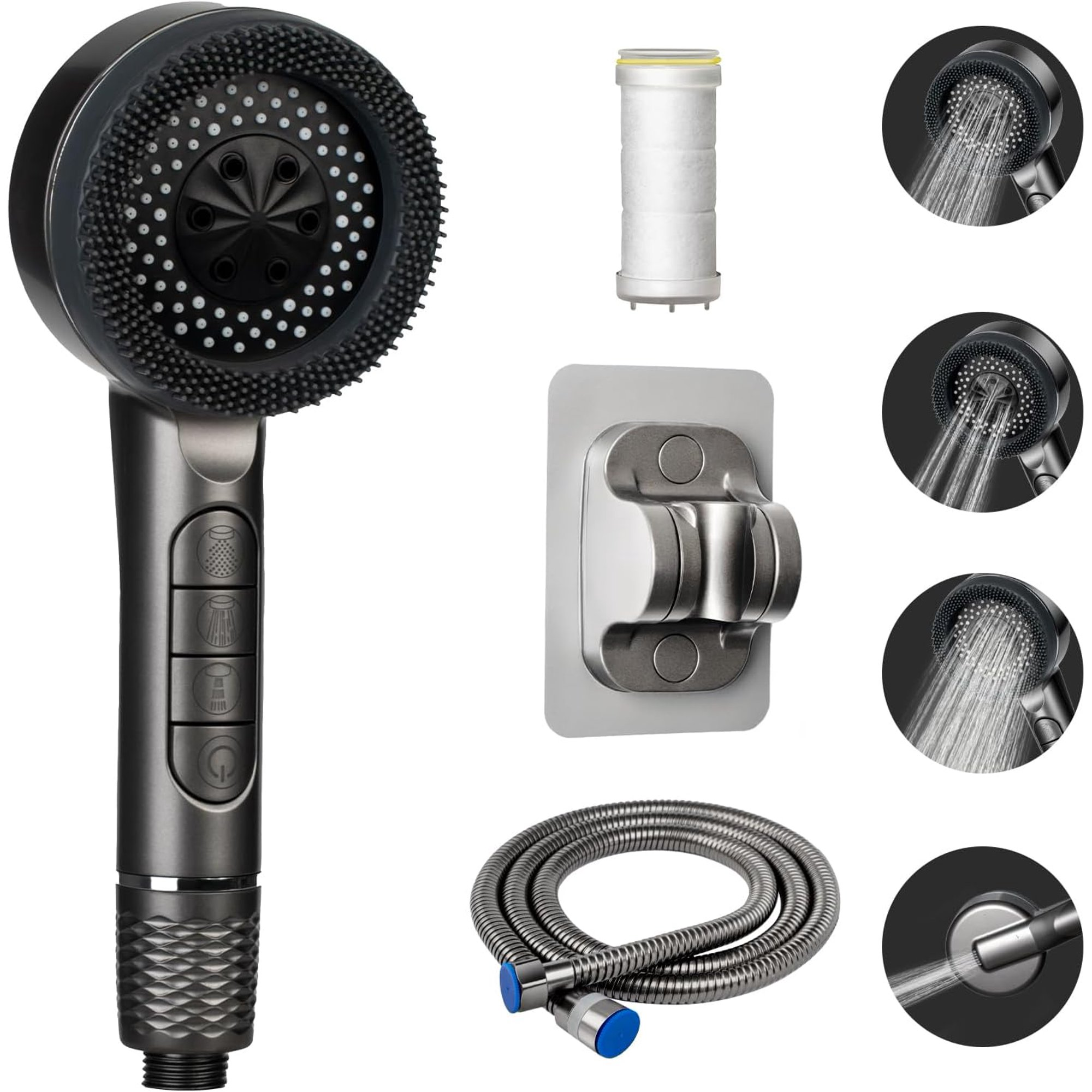 Handheld Shower Head with Filter, High Pressure 4 Spray Mode Showerhead with 59" Hose,Showerhead with ON/Off Switch for Clean Tub, Tile & Pets (Grey)