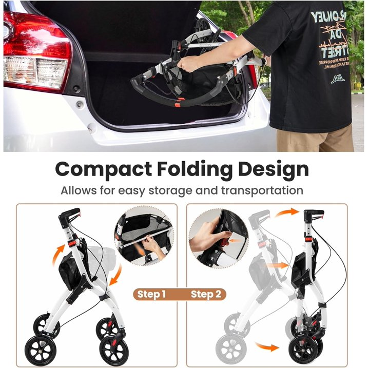 4 Wheel Folding Rollator Walker, Lightweight Wheeled Walking Aid with Removable Tray, 4 Wheels, Brakes, Height Adjustable Mobility Walker for Elderly Disabled