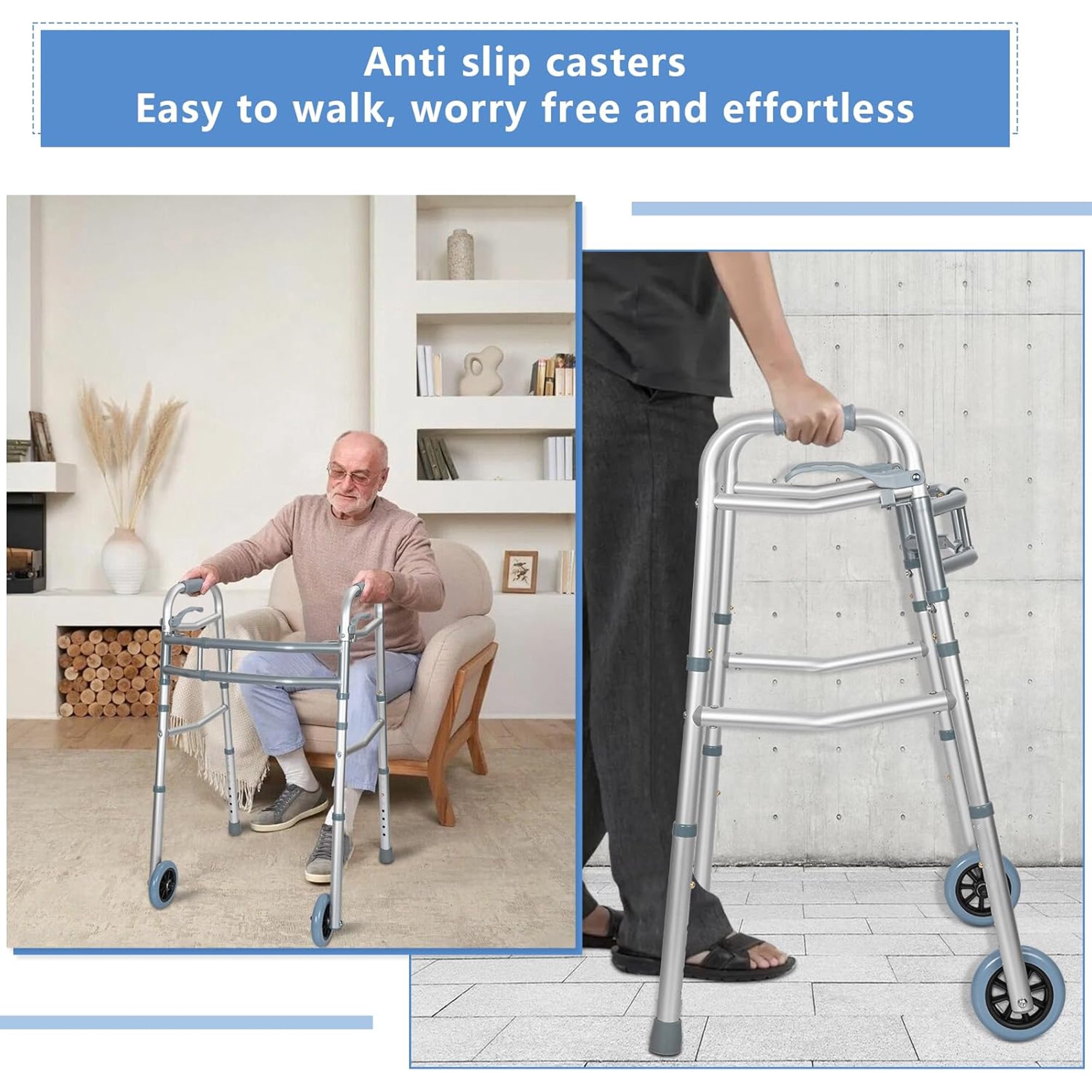 Folding Walking Frame with 2 Wheels, Adjustable Height Aluminium Walker Mobility Aid Stability Walker