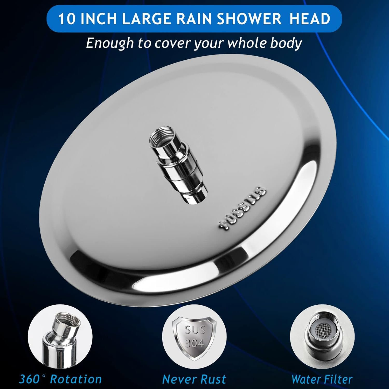 Rain Shower Head, 10" Round High Pressure Shower Heads, 304 Stainless Steel Luxury Modern Chrome Look, Universal Wall and Ceiling Mount