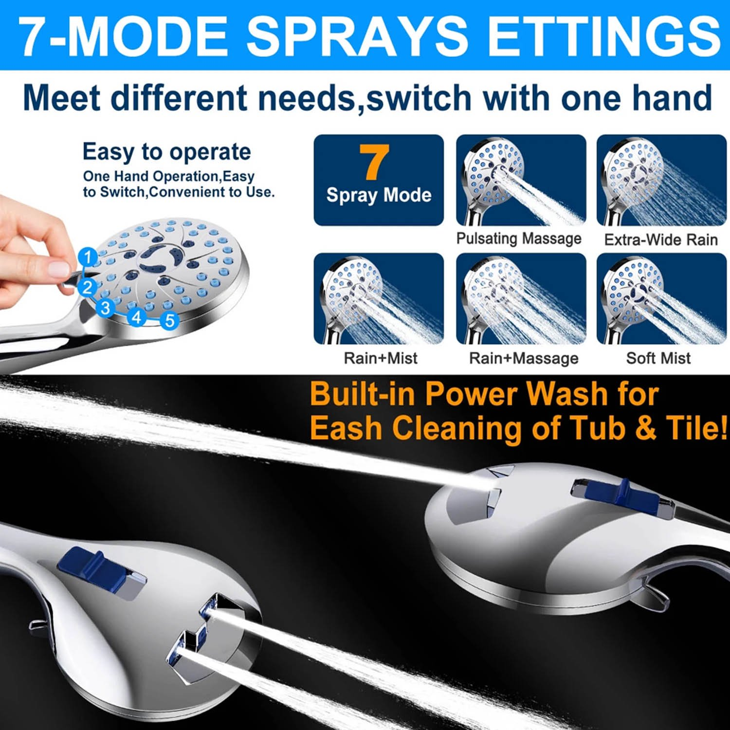 Shower Head, 8" High Pressure Rain Showerhead Combo, Adjustable Stainless Steel Polished Chrome Rain Shower Head with Durable Nozzles