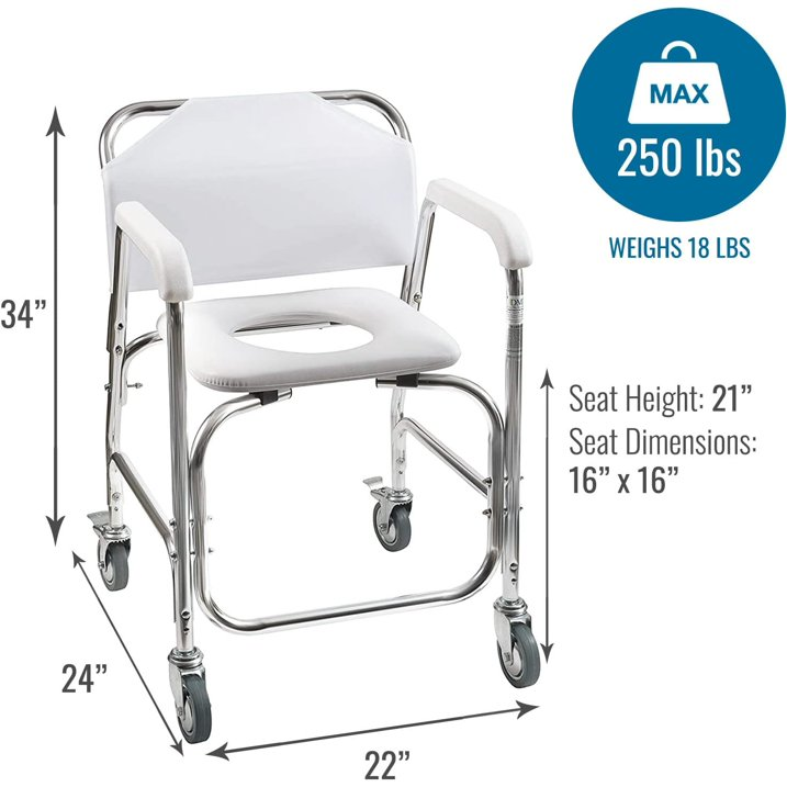 Rolling Shower Chair, Commode, Transport Chair, Rolling Bathroom Wheelchair for Handicap, Elderly, Injured or Disabled, Rear Locking Wheels, 250 lb. Weight Capacity, White