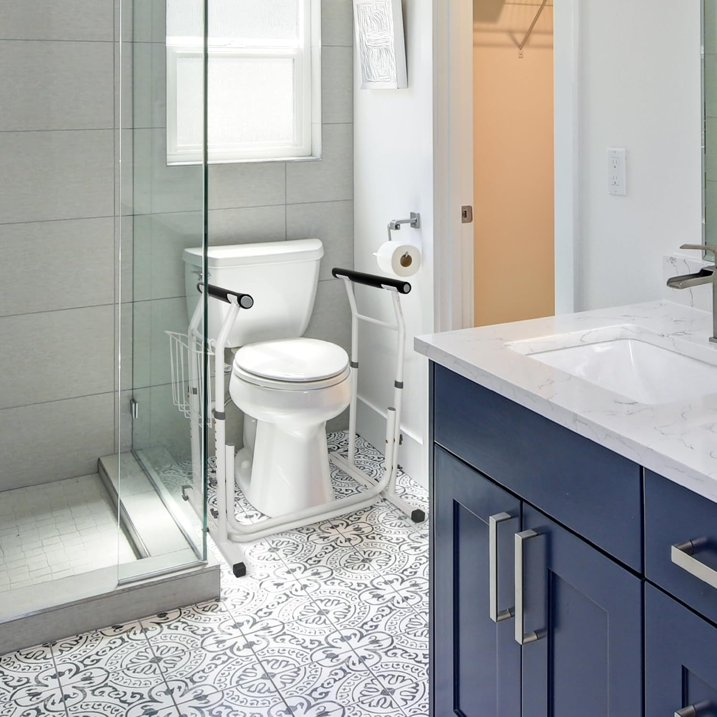 Toilet Safety Rails for Seniors, Adjustable Toilet Safety Frame and Toilet Rails with Handles for Elderly and Disabled, Stand Alone Toilet Safety Rails for Bathroom Stability
