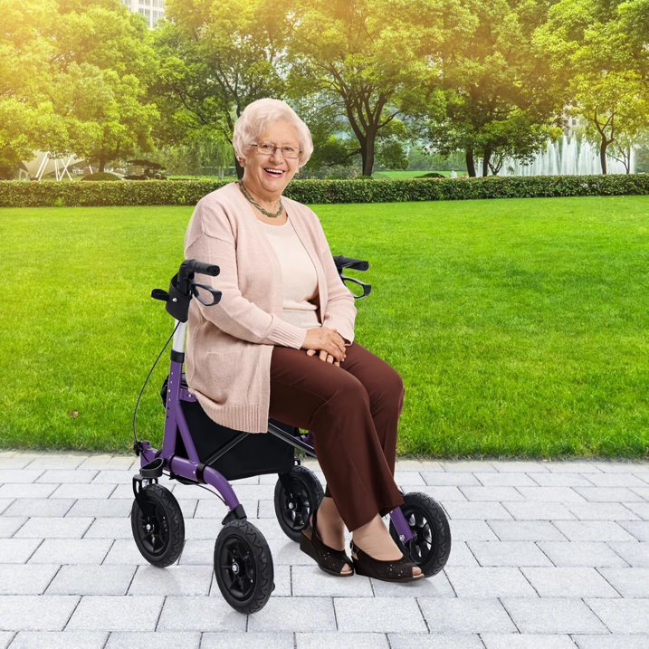 Foldable Rollator, Height Adjustable Rolling Walker with Seat, 24CM All Terrain Wheel, Storage Bag, Lightweight Walking Aid Frame for for Elderly & Disabled, 160 KG Weight Capacity (Purple)