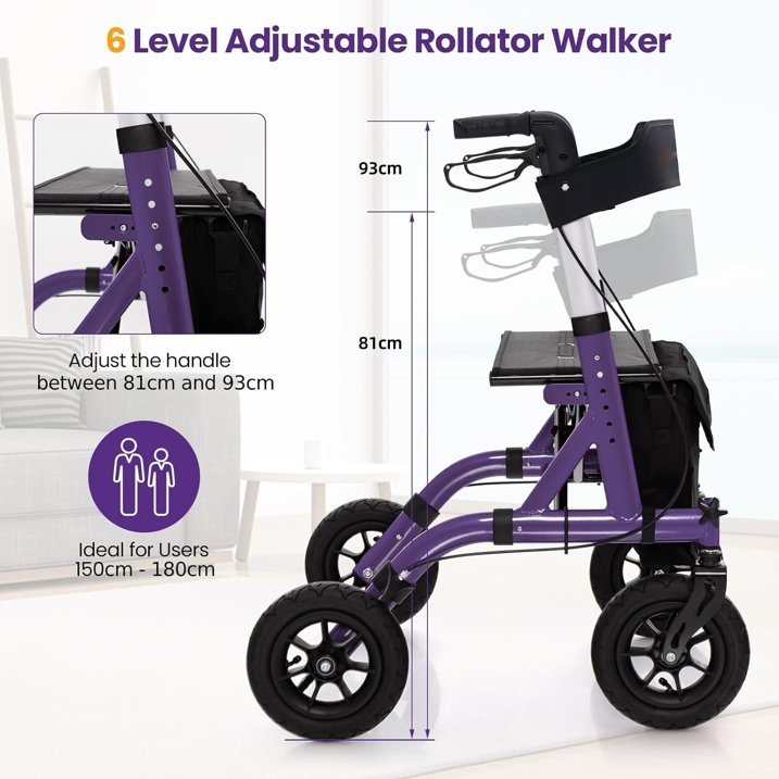 Foldable Rollator, Height Adjustable Rolling Walker with Seat, 24CM All Terrain Wheel, Storage Bag, Lightweight Walking Aid Frame for for Elderly & Disabled, 160 KG Weight Capacity (Purple)