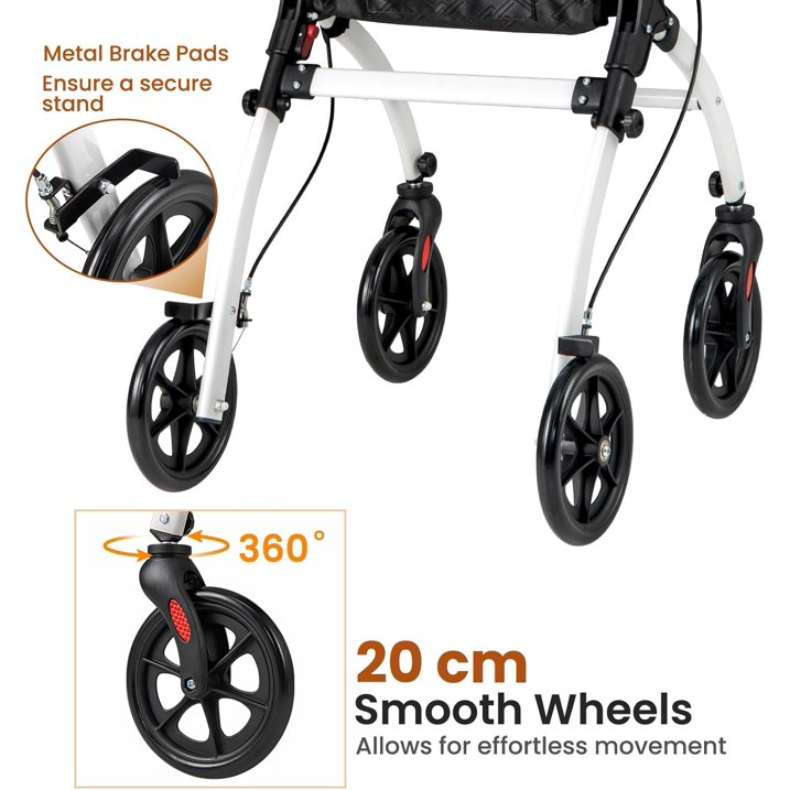 4 Wheel Folding Rollator Walker, Lightweight Wheeled Walking Aid with Removable Tray, 4 Wheels, Brakes, Height Adjustable Mobility Walker for Elderly Disabled
