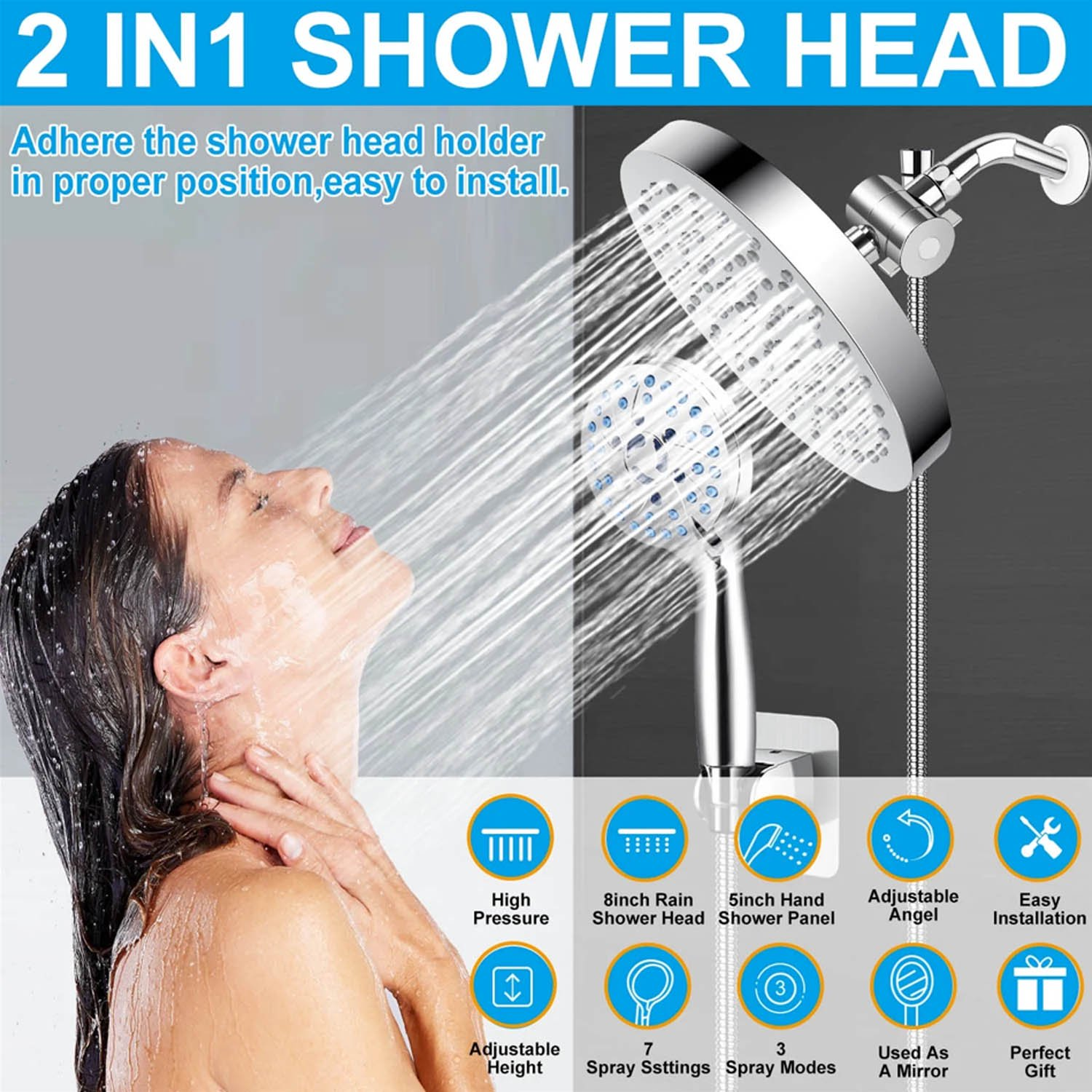 Shower Head, 8" High Pressure Rain Showerhead Combo, Adjustable Stainless Steel Polished Chrome Rain Shower Head with Durable Nozzles