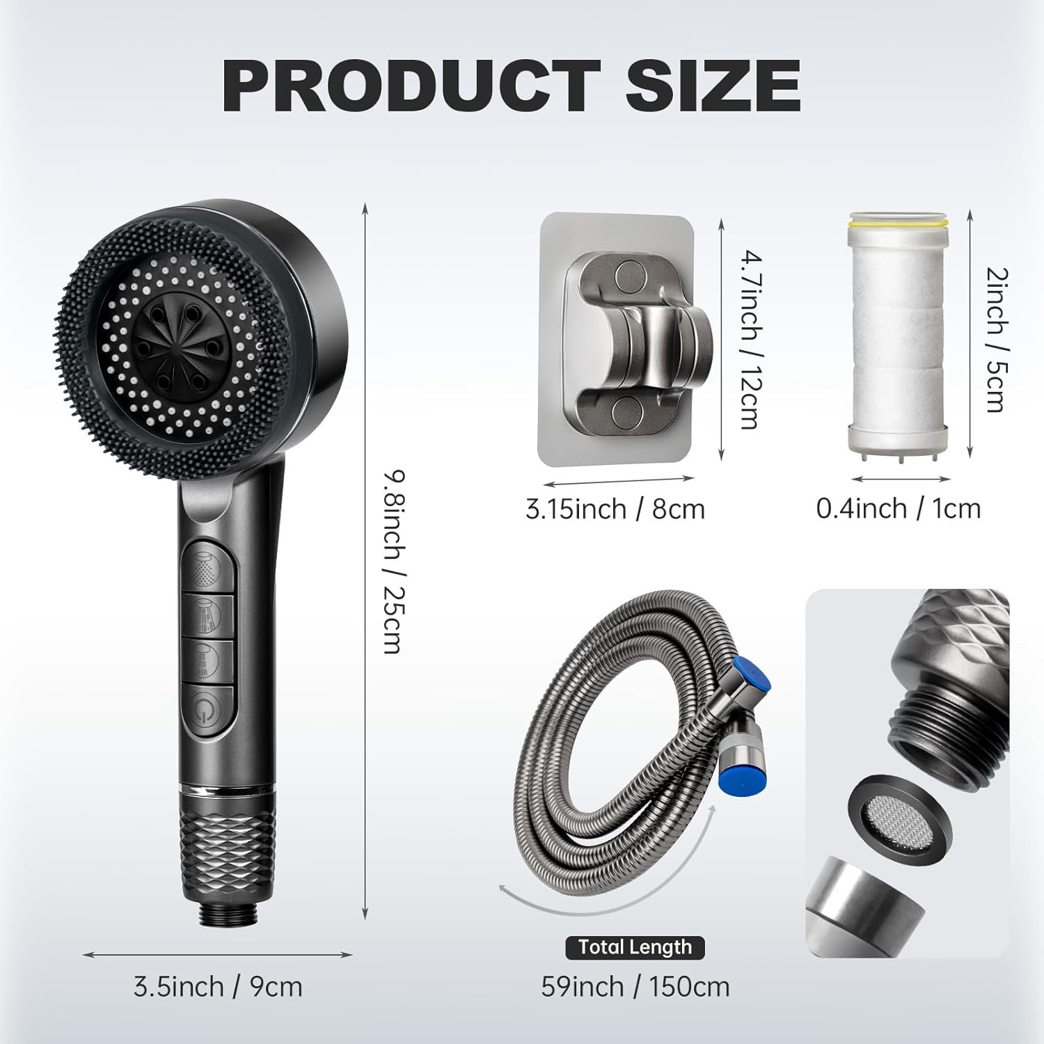 Handheld Shower Head with Filter, High Pressure 4 Spray Mode Showerhead with 59" Hose,Showerhead with ON/Off Switch for Clean Tub, Tile & Pets (Grey)