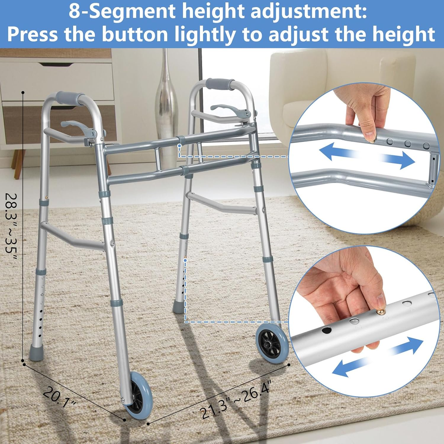 Folding Walking Frame with 2 Wheels, Adjustable Height Aluminium Walker Mobility Aid Stability Walker
