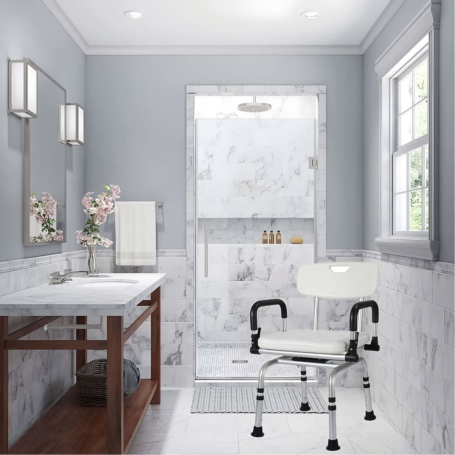 360 Degree Rotatable Shower Chair Elderly Bathroom Bath Chair Adult Pregnant Woman Armrest Toilet Chair Stool Height Adjustable