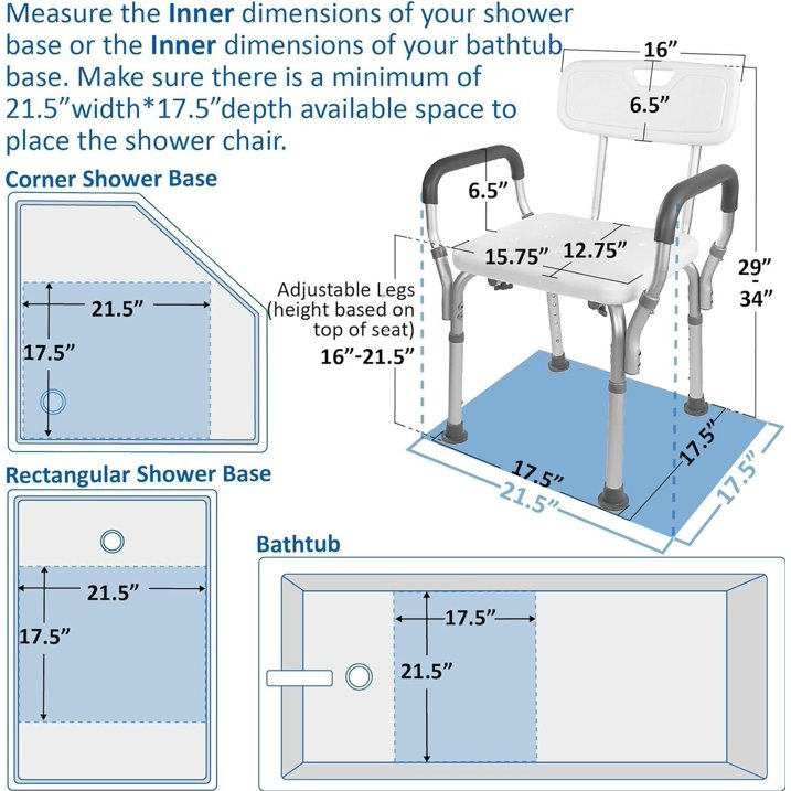 Shower Chair Bath Seat with Padded Arms, Removable Back and Adjustable Legs for Bathtub Safety and Supports Weight up to 350 lbs