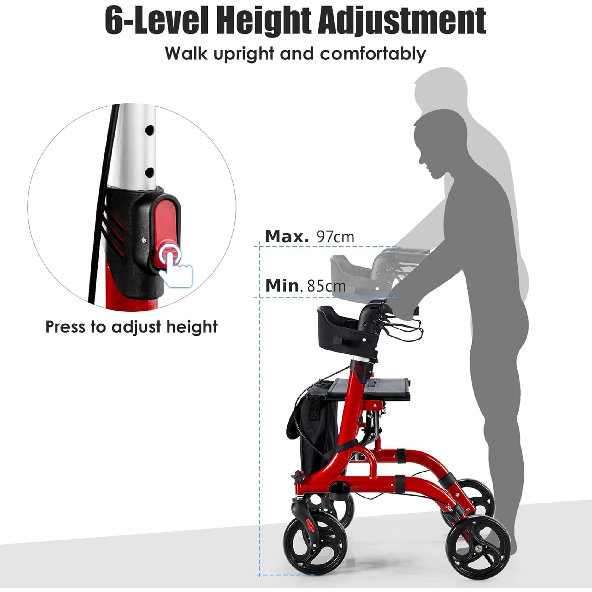 Rollator Walkers, 4 Wheels Folding Medical Walking Aid with Seats, Adjustable Handle and Storage Bag, Lightweight Walking Frame for The Elderly & Disabled (Red)
