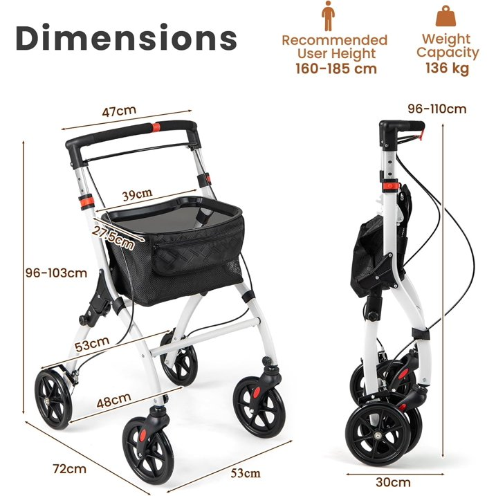 4 Wheel Folding Rollator Walker, Lightweight Wheeled Walking Aid with Removable Tray, 4 Wheels, Brakes, Height Adjustable Mobility Walker for Elderly Disabled