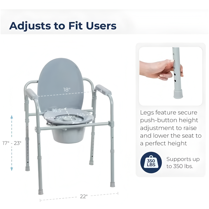 Folding Steel Bedside Commode Chair, Portable Toilet, 350 Pound Weight Capacity