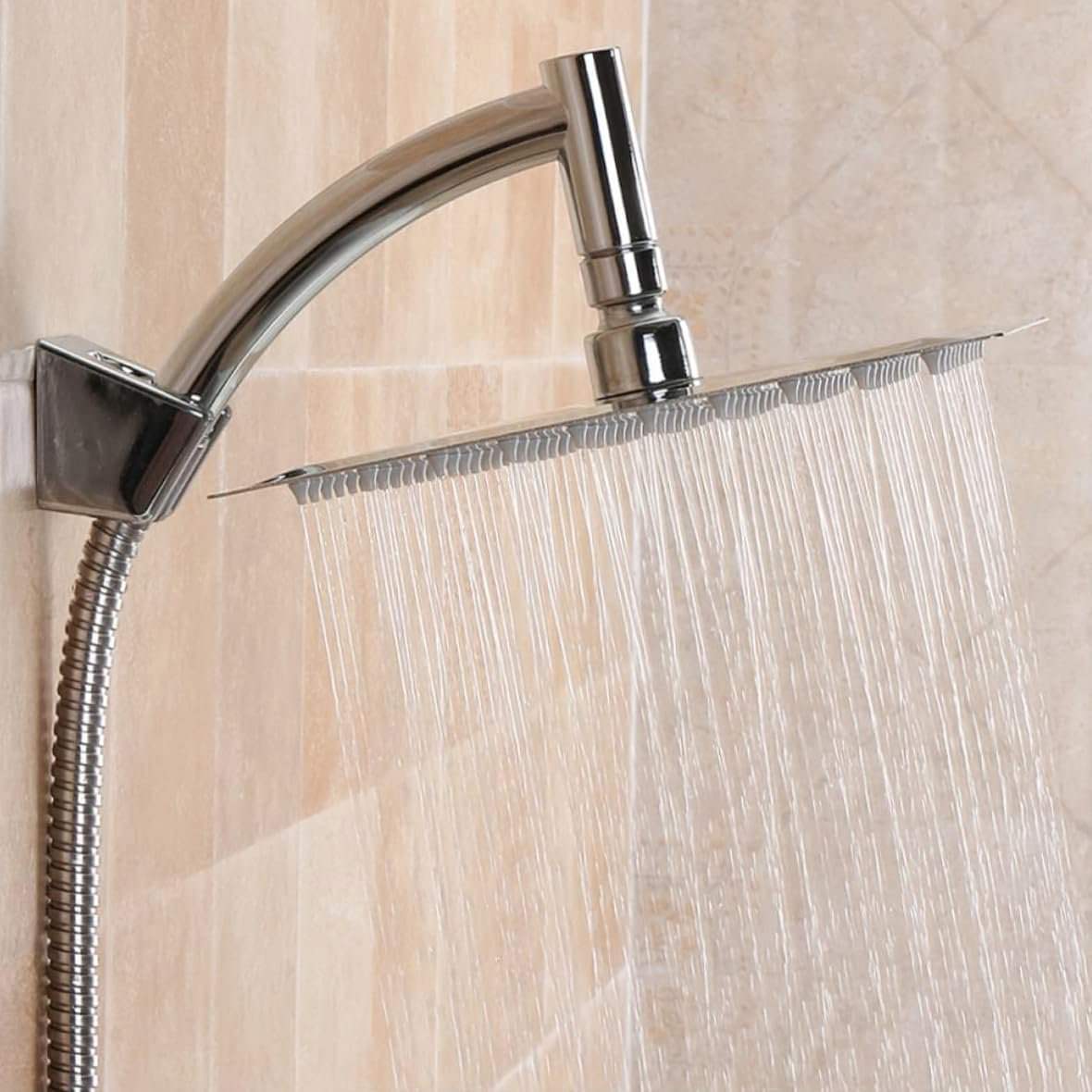 Wall-Mount Fixed Ultra Slim Rainfall Shower Head Set, 8 Inch Large Square Rain Shower Heads with Hose and Bracket Kits, Chrome