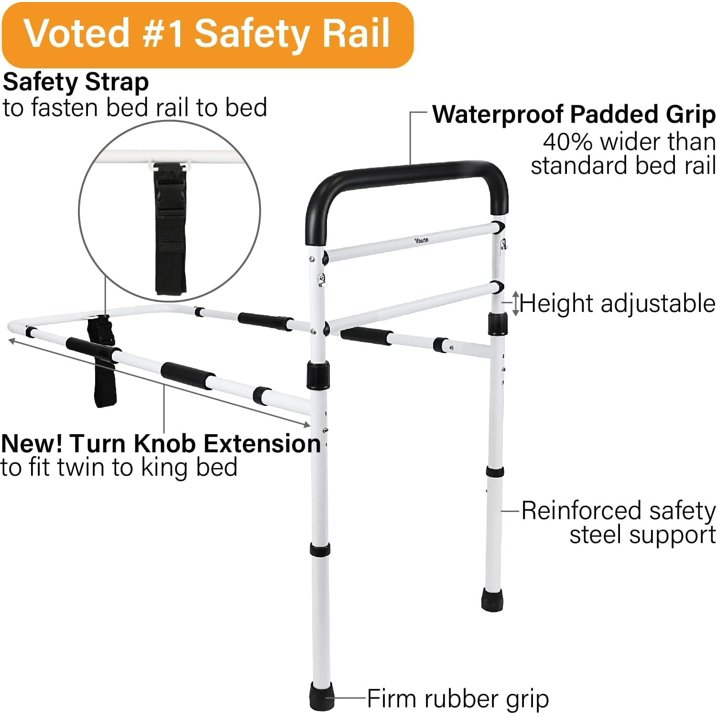 New Adjustable Bed Assist Rail Handle and Hand Guard Grab Bar, Bedside Safety and Stability (Tool-Free Assembly), White/Black